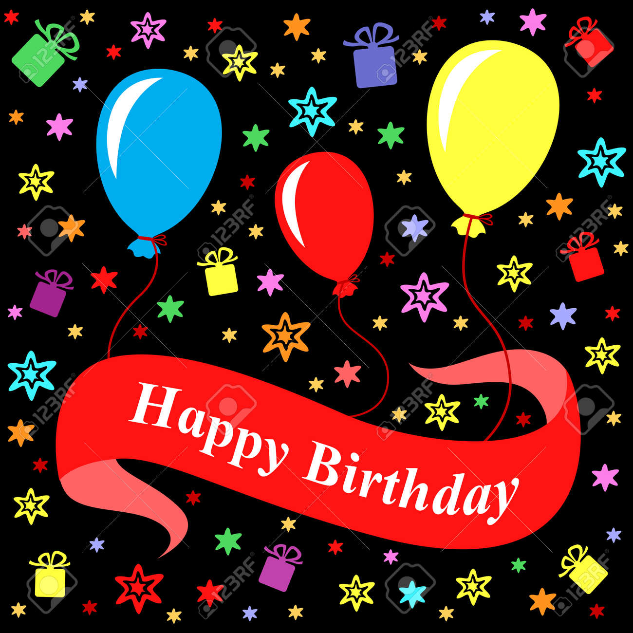 Ilustraciones Del Vector De La Tarjeta De Felicitación De Cumpleaños Multicolor Con La Cinta Y Globos Sobre Fondo Negro Multicolor De Cumpleaños Del