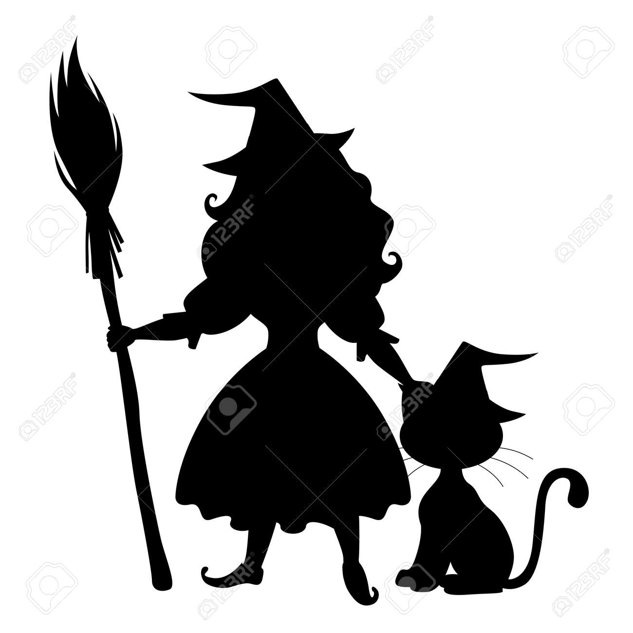 Illustrations of Halloween silhouette cute witch and cat
