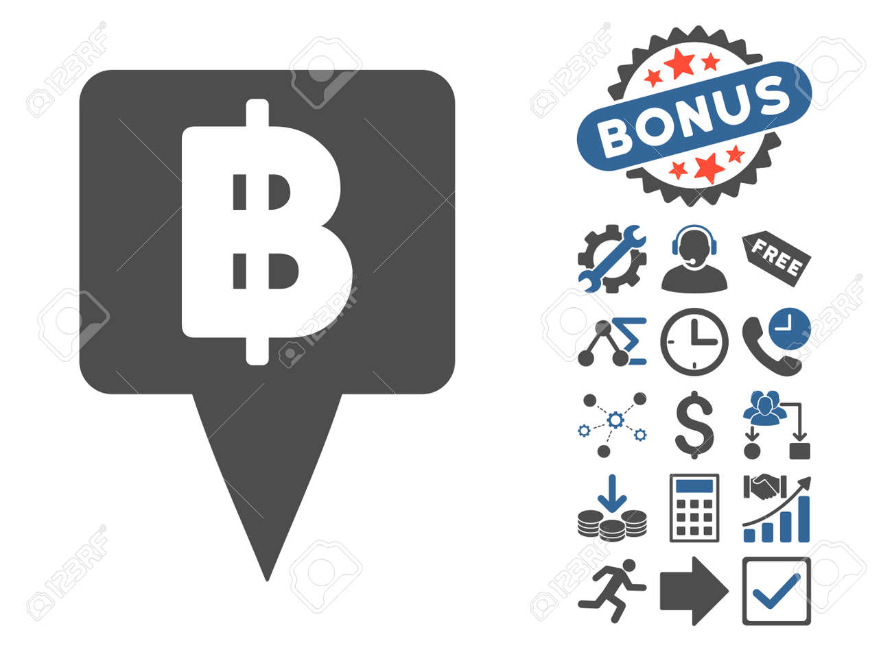 태국어 바트지도 보너스 클립 아트와 포인터 아이콘입니다. 벡터 일러스트 레이 션 스타일 플랫 아이코 닉 바이 컬러 기호, 코발트 및  회색 색상, 흰색 배경입니다. 로열티 무료 사진, 그림, 이미지 그리고 스톡포토그래피. Image