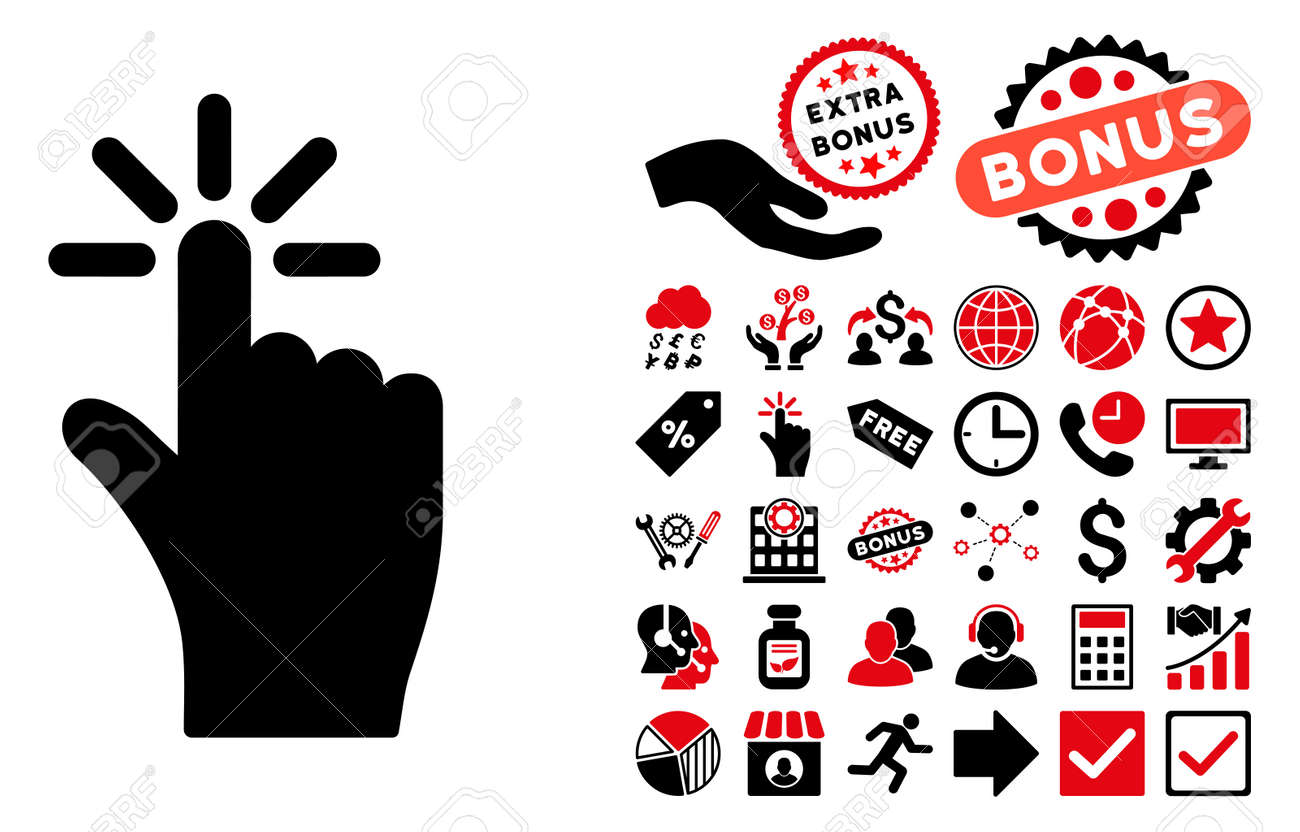 ボーナス記号と絵文字をクリックします ベクトル イラストのスタイルは バイカラー フラット象徴 集中的な赤と黒の色 白の背景です のイラスト素材 ベクタ Image