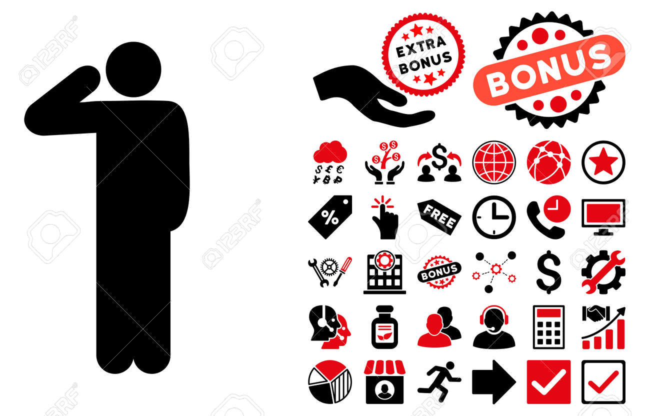 ボーナス ピクトグラムと敬礼ポーズ絵文字 ベクトル イラストのスタイルは バイカラー フラット象徴 集中的な赤と黒の色 白の背景です のイラスト素材 ベクタ Image