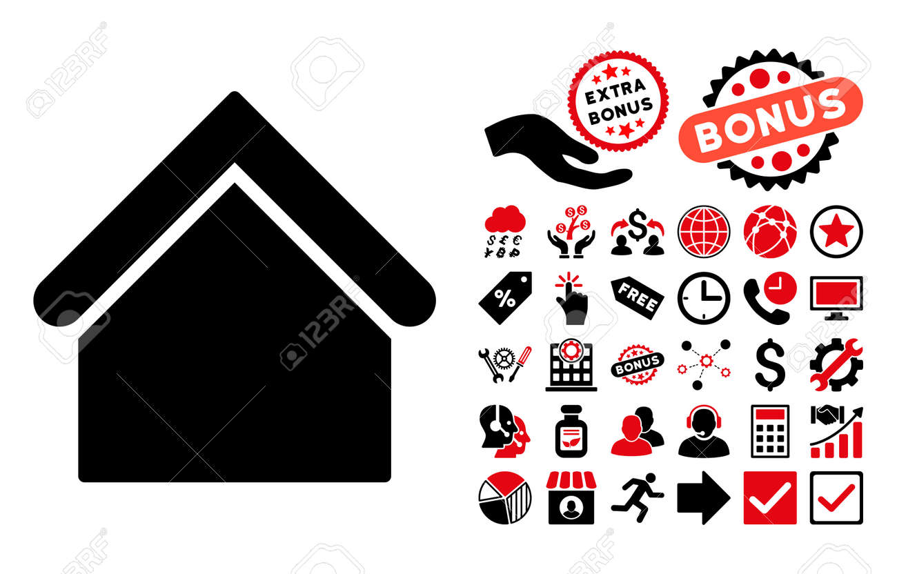 ボーナス ピクトグラムと基地建物のアイコン グリフの図のスタイルは バイカラー フラット象徴 集中的な赤と黒の色 ホワイト バック グラウンドです の写真素材 画像素材 Image