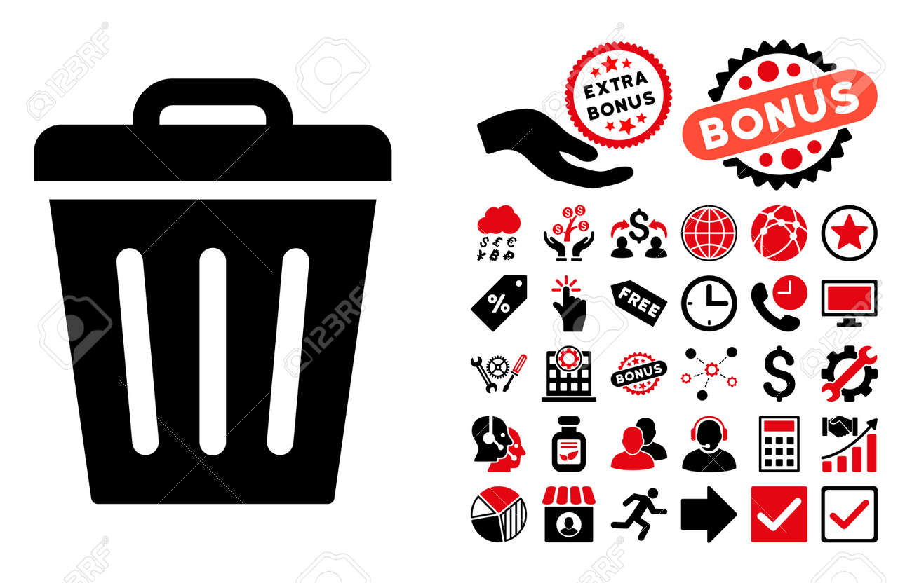 ボーナスのクリップアートを使用することができますピクトグラフをゴミ箱します ベクトル イラストのスタイルは バイカラー フラット象徴 集中的な赤と黒の色 白の背景です のイラスト素材 ベクタ Image