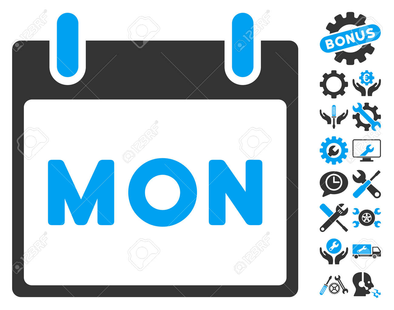 ボーナス セットアップ ツール 月曜日 カレンダー ページ絵文字のデザイン要素 ベクトル イラスト のスタイルは フラット象徴的なシンボル 青 グレー 白の背景です のイラスト素材 ベクタ Image