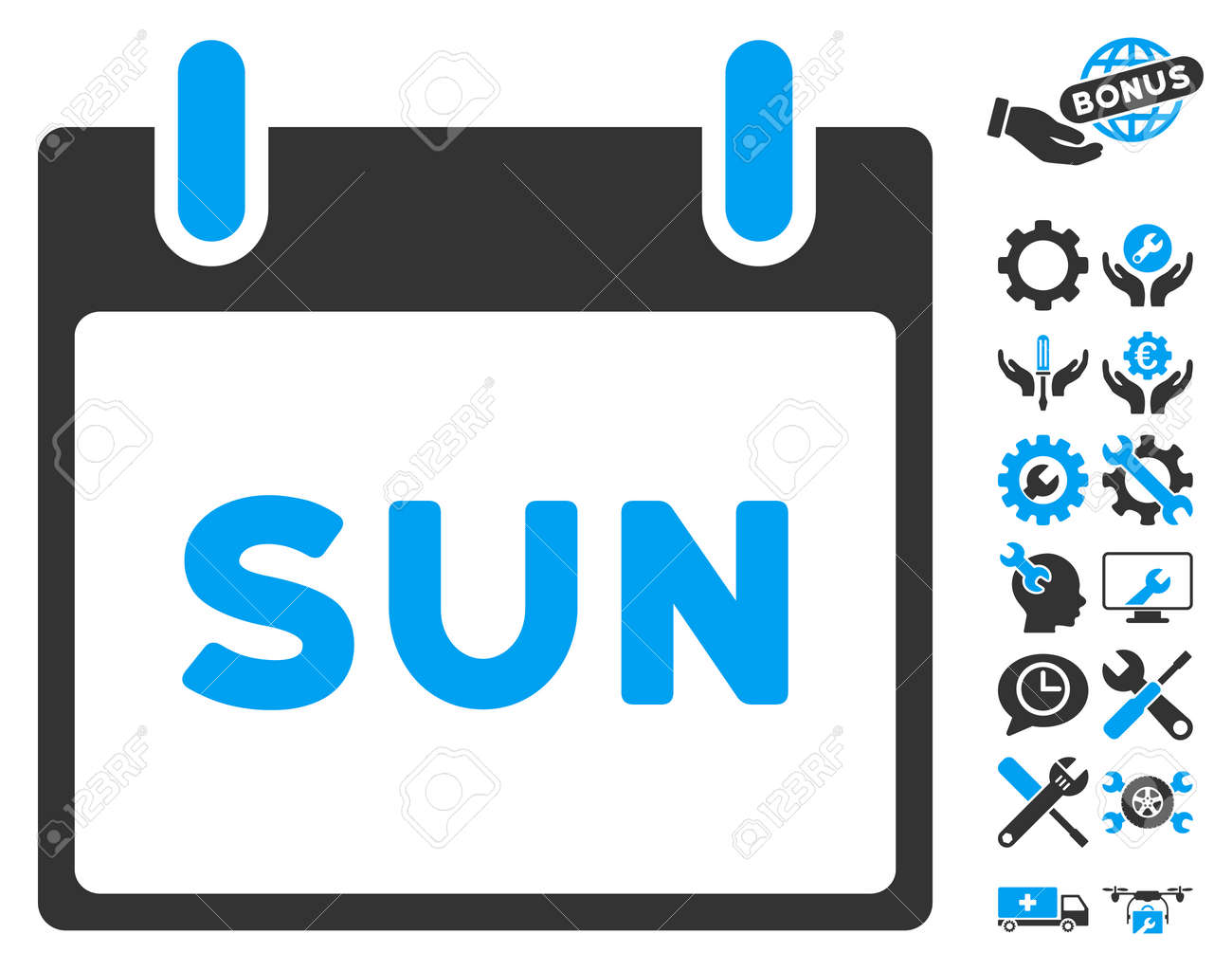 ボーナス構成絵文字コレクションを含む日曜日カレンダー ページ アイコン ベクトル イラストのスタイルは フラット象徴的なシンボル 青 グレー 白の背景です のイラスト素材 ベクタ Image