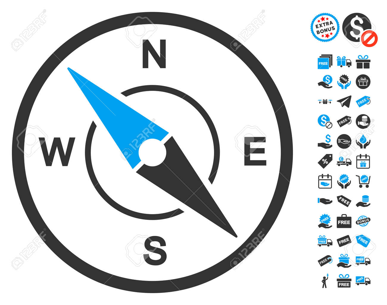 無料ボーナスのピクトグラムとアイコンをコンパスします ベクトル イラストのスタイルは フラット象徴的なシンボル 青と灰色の色 白の背景です のイラスト素材 ベクタ Image