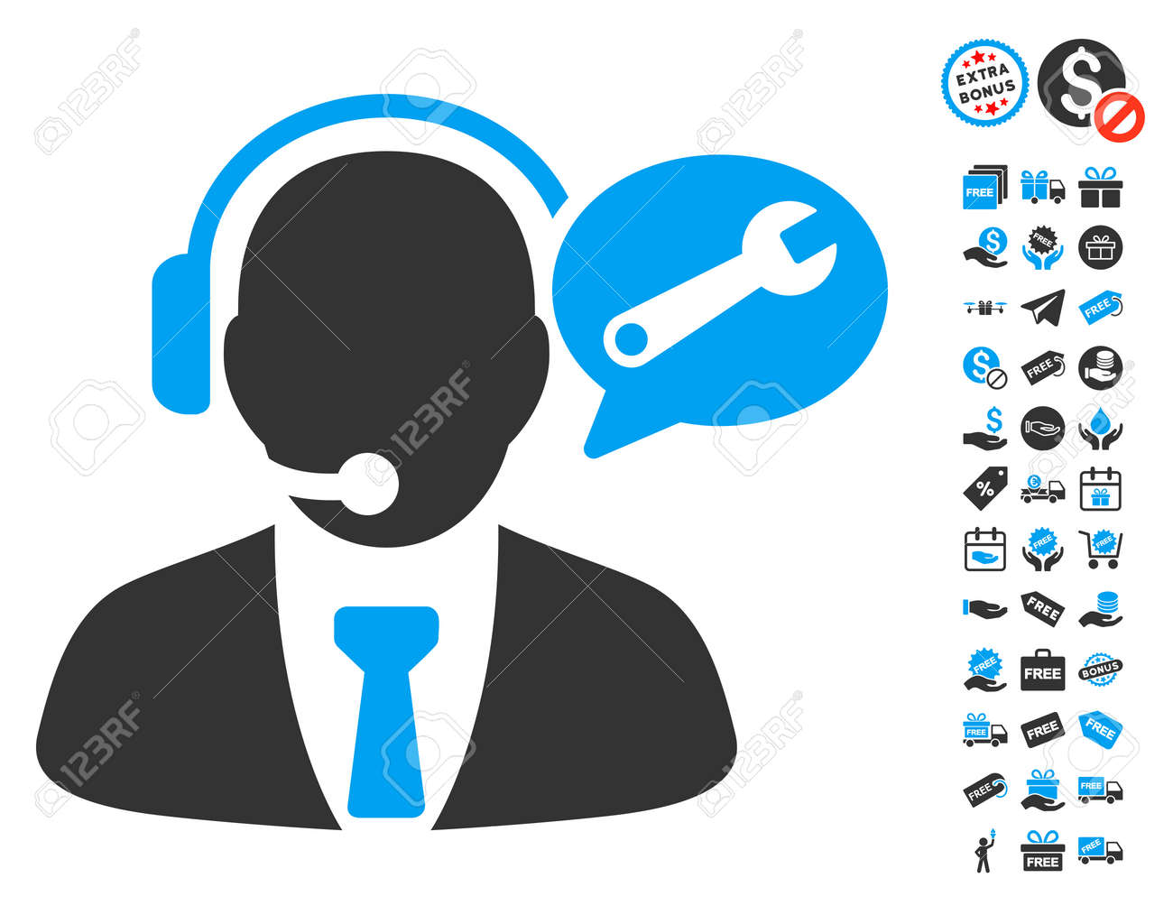 サービス マネージャー メッセージ アイコン無料ボーナス絵文字コレクションを使用します ベクトル イラスト のスタイルは フラット象徴的なシンボル 青と灰色の色 白の背景です のイラスト素材 ベクタ Image