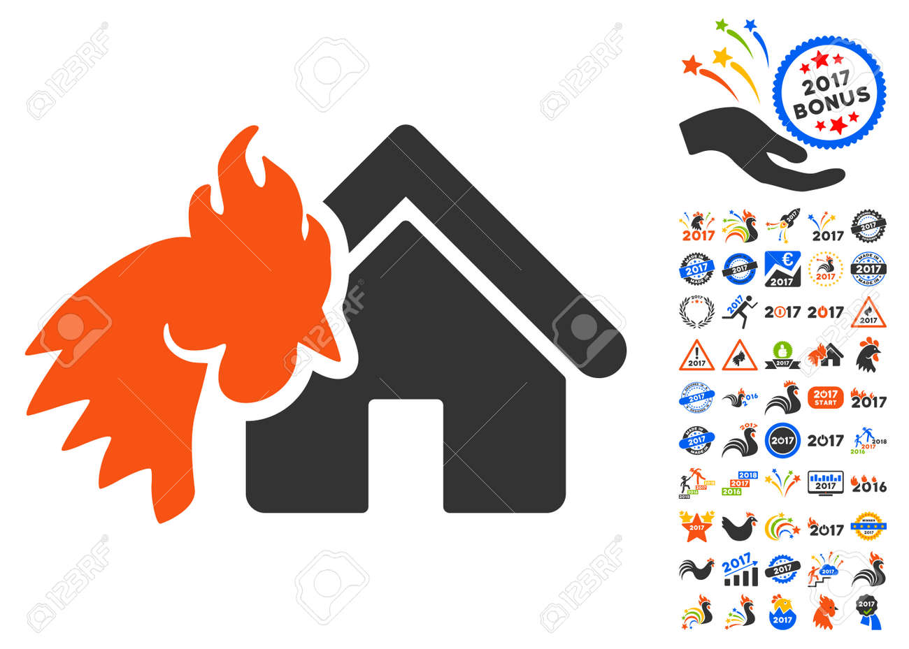 新年のボーナス 17 のシンボルと赤鶏不動産災害絵文字 ベクトル図のスタイルは フラット象徴的なシンボル モダンな色です のイラスト素材 ベクタ Image