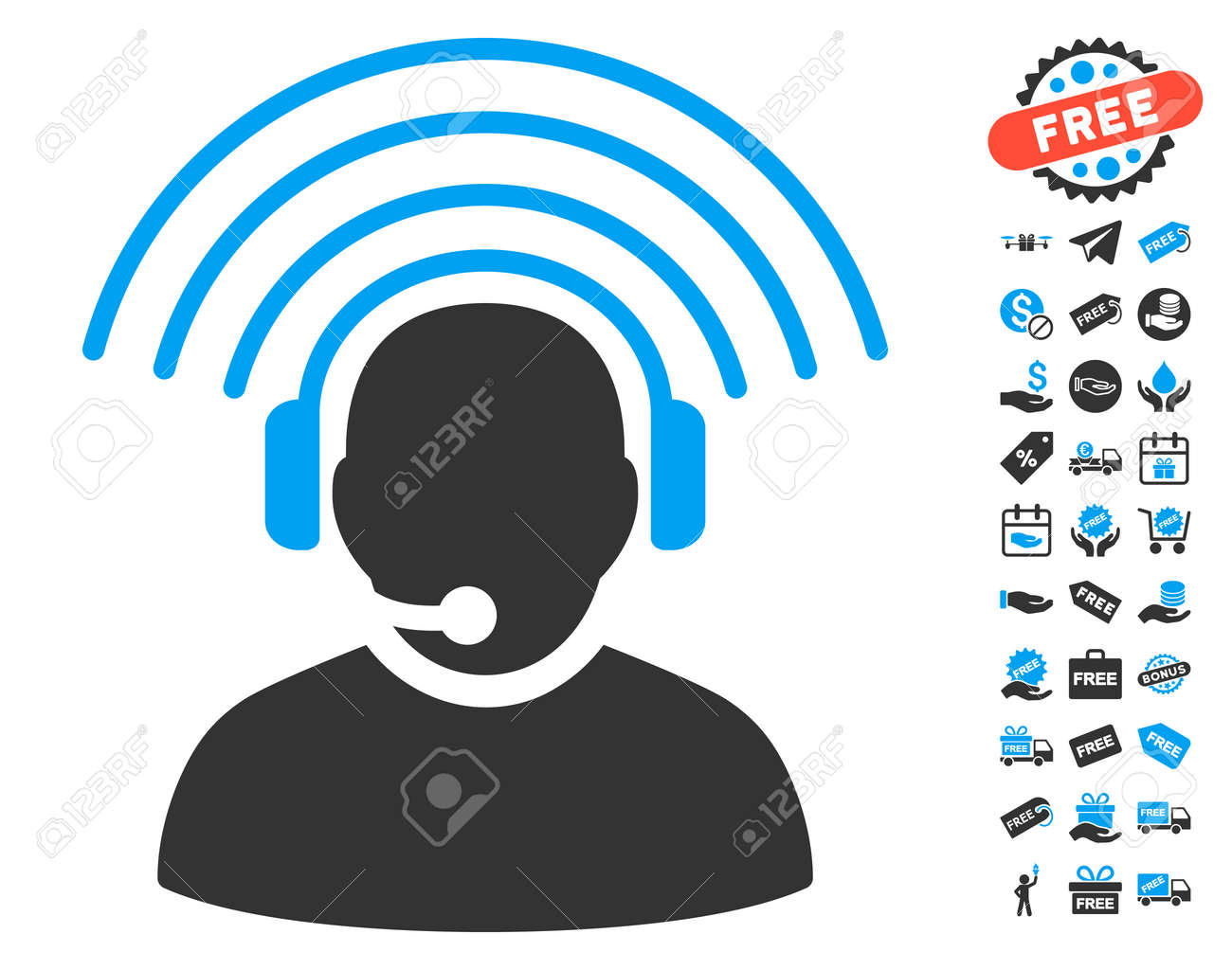 無料ボーナスのシンボルと オペレーター ラジオ信号アイコン グリフの図のスタイルは フラット象徴的なシンボル 青と灰色の色 白い背景です の写真素材 画像素材 Image