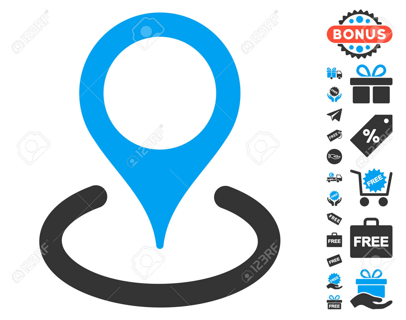Immagini Stock Pittogramma Di Posizione Con Raccolta Di Pittogrammi Bonus Gratuiti Glifo Stile Illustrazione E Piatta Simboli Iconici Colori Blu E Grigi Sfondo Bianco Image 65058732