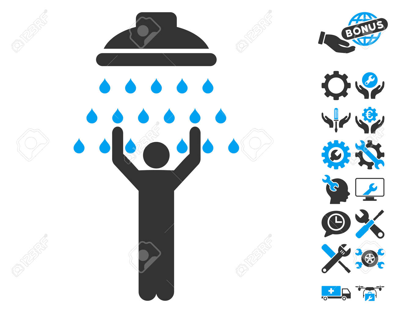 ボーナス設定クリップアートを使ってシャワー絵文字下の人間 ベクトル イラストのスタイルは 白い背景の上フラット象徴的なブルーとグレーのシンボルです の イラスト素材 ベクタ Image