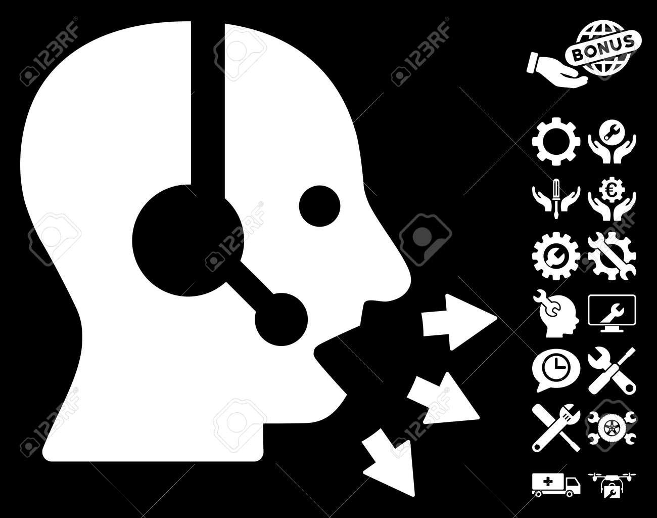 ボーナス ツール ピクトグラムをオペレーター話すアイコン グリフの図のスタイルは 黒の背景上象徴的なフラット白シンボルです の写真素材 画像素材 Image