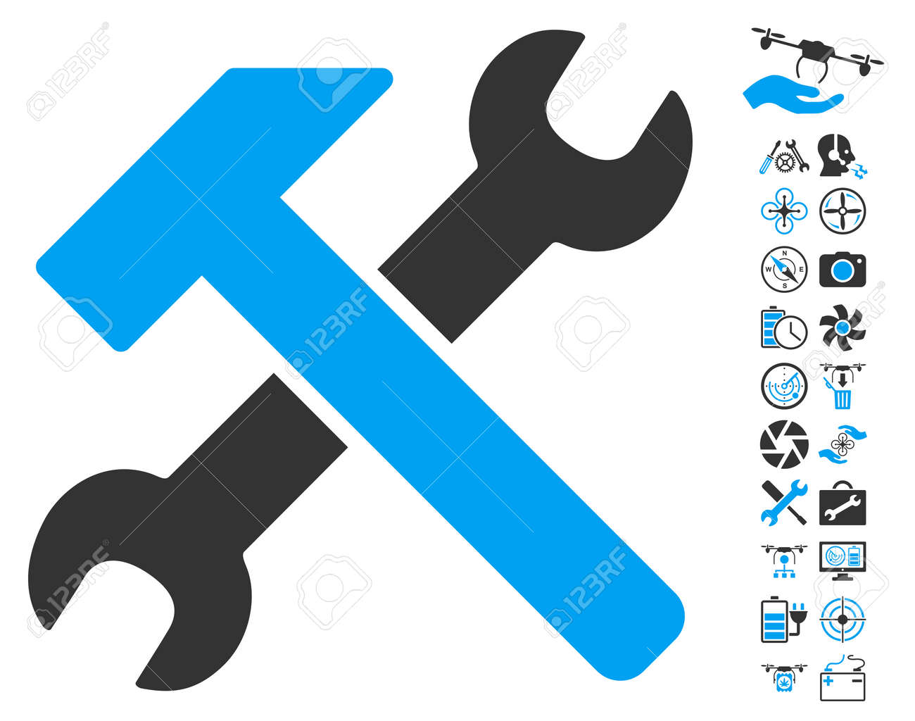 Pictogramme Marteau Et Cle A Molette Avec Symboles Des Outils D Aeronef En Prime Style D Illustration De Glyphe Est Plat Symboles Emblematiques Bleu Et Gris Sur Fond Blanc Banque D Images Et Photos Libres