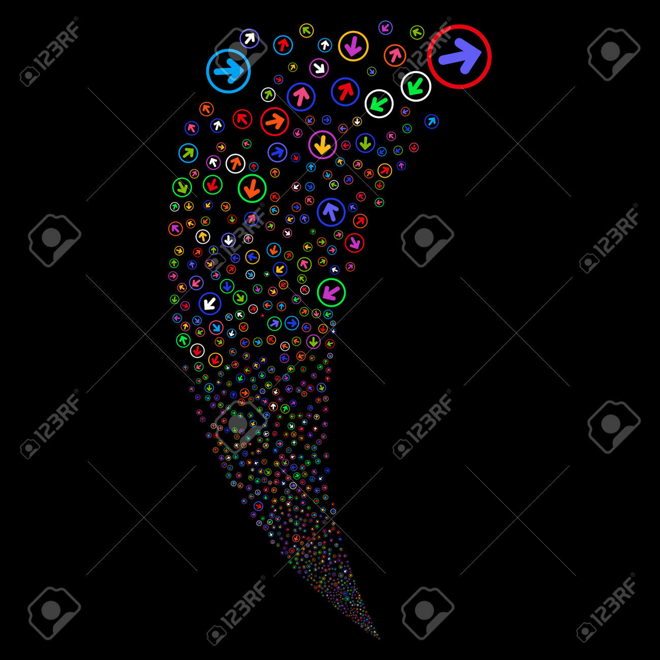 丸い矢印ランダム花火ストリーム ベクトル イラストのスタイルは 黒の背景に明るいフラット色とりどりの象徴的なシンボルです オブジェクトの泉 散乱シンボルから結合 のイラスト素材 ベクタ Image
