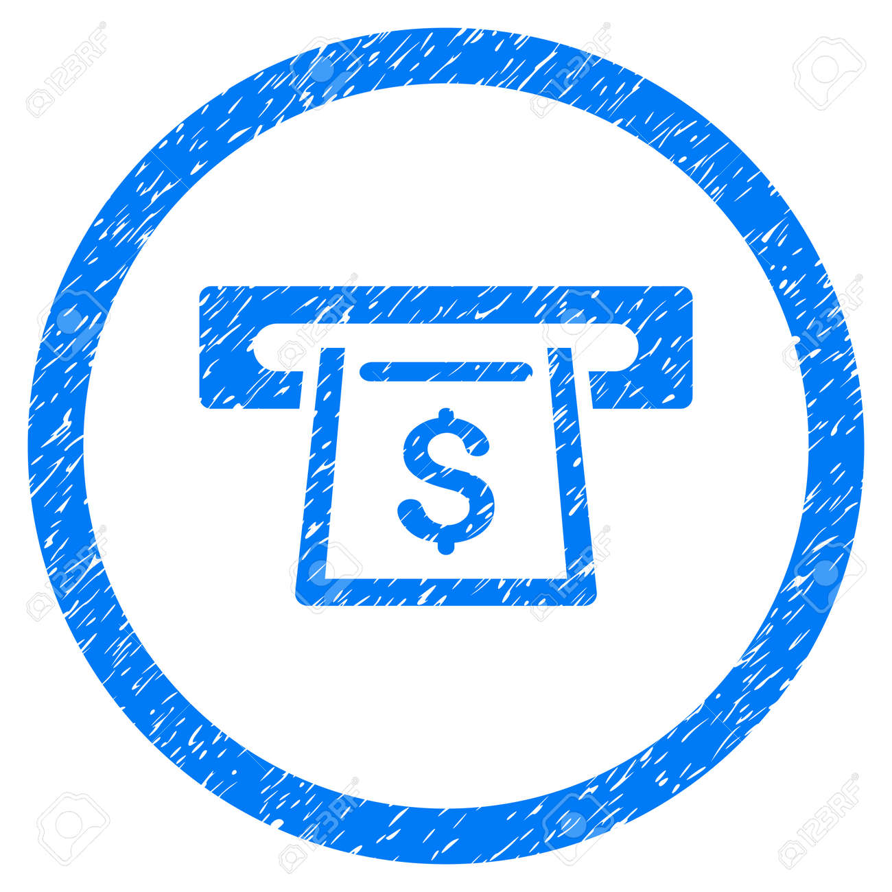 キャッシュ アウト スロット粒子の粗いテクスチャ アイコン オーバーレイのウォーターマーク スタンプのための円の中 傷のテクスチャとフラットの記号です グランジ デザインの丸ベクトル青ゴム シール スタンプです のイラスト素材 ベクタ Image