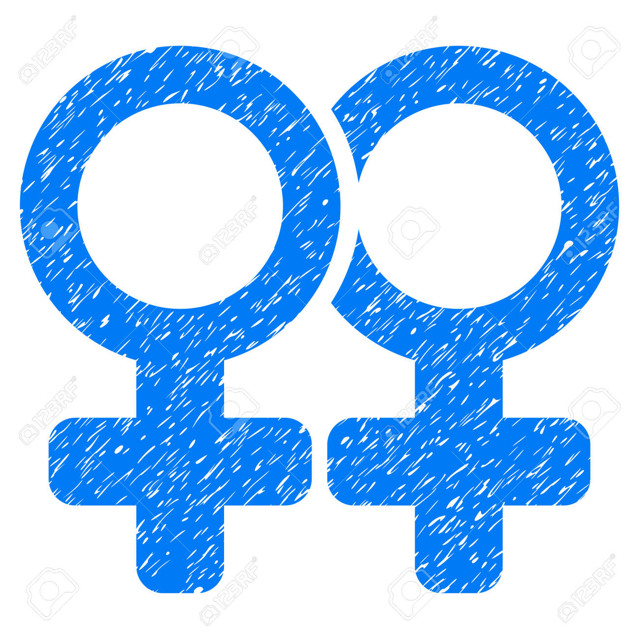 グランジ デザインやほこりテクスチャ グランジ レズビアン ペア アイコン ゴム製シール切手の模造品と透かしの汚れたラスター ブルー ピクト ドラフト記号レズビアンのペア の写真素材 画像素材 Image