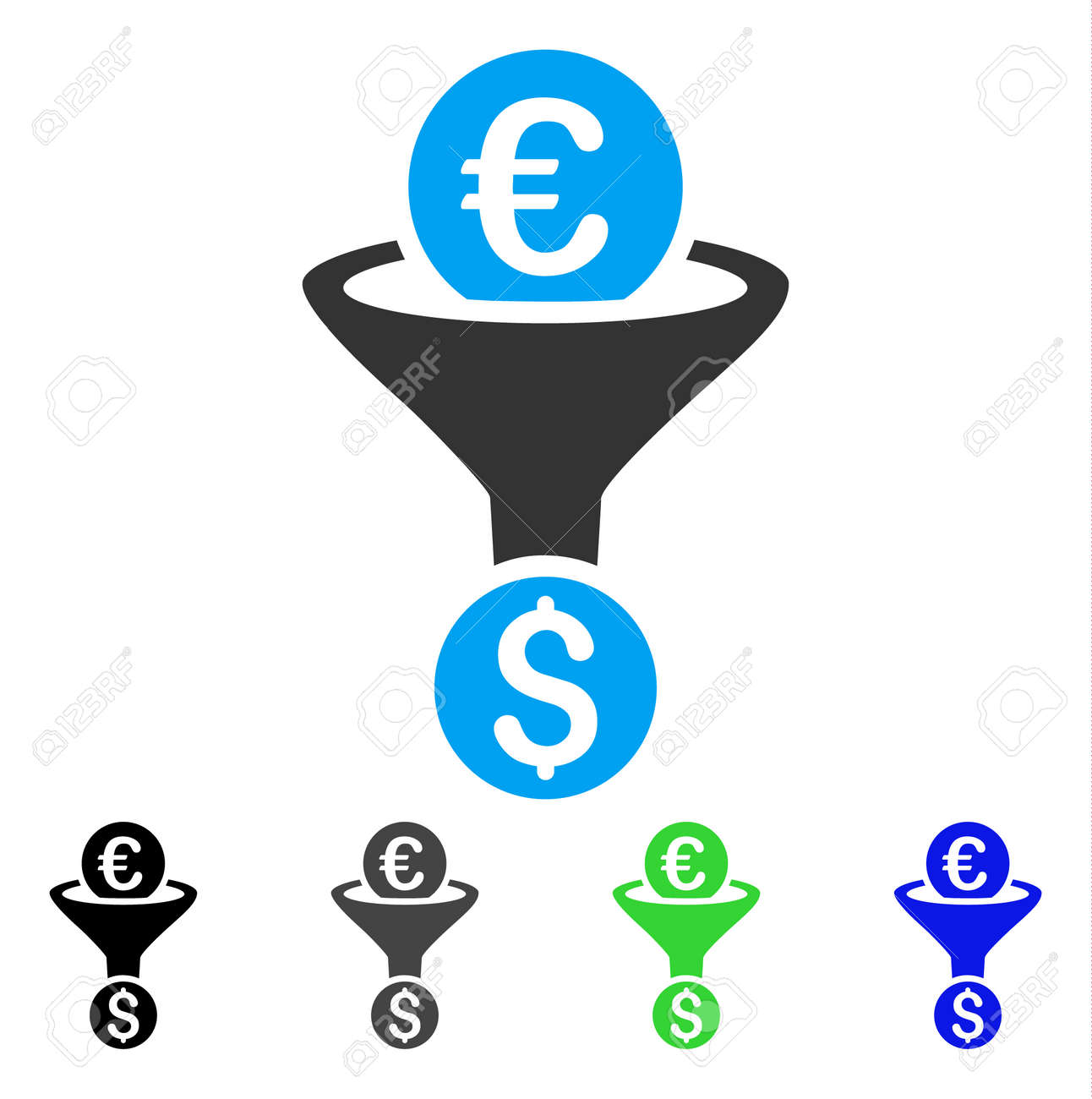 유로 달러 변환 퍼 널 플랫 벡터 픽토그램입니다. 컬러 유로 달러 변환 퍼 널 회색, 검정, 파랑, 녹색 아이콘 버전. 그래픽  디자인을위한 평면 아이콘 스타일. 로열티 무료 사진, 그림, 이미지 그리고 스톡포토그래피.