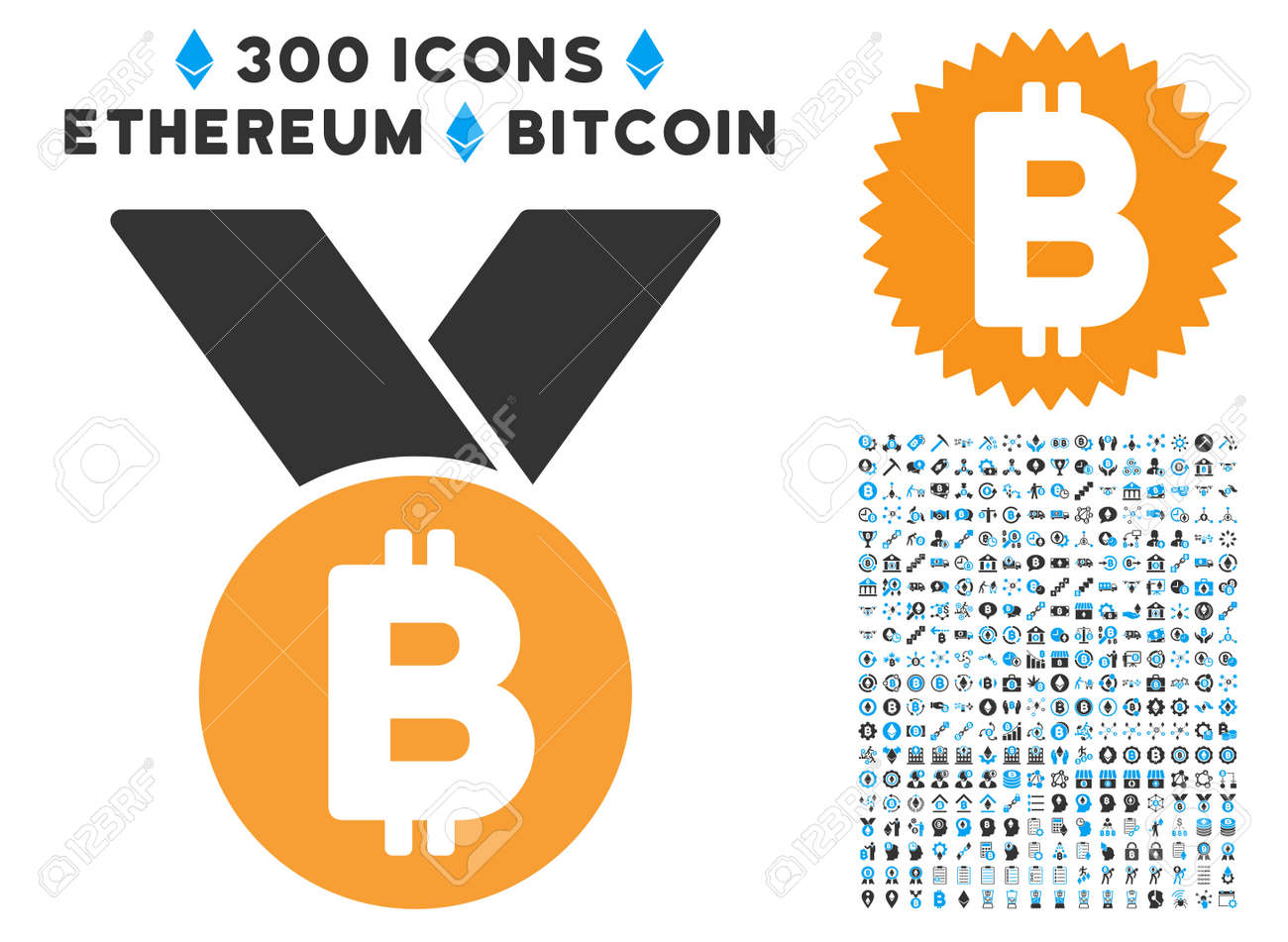 300 블록 체인, 비트 코인, Ethereum, 스마트 계약 사진과 Bitcoin 메달 아이콘. 벡터 아이콘 세트 스타일 플랫 아이코  닉 기호입니다. 로열티 무료 사진, 그림, 이미지 그리고 스톡포토그래피. Image 84771819