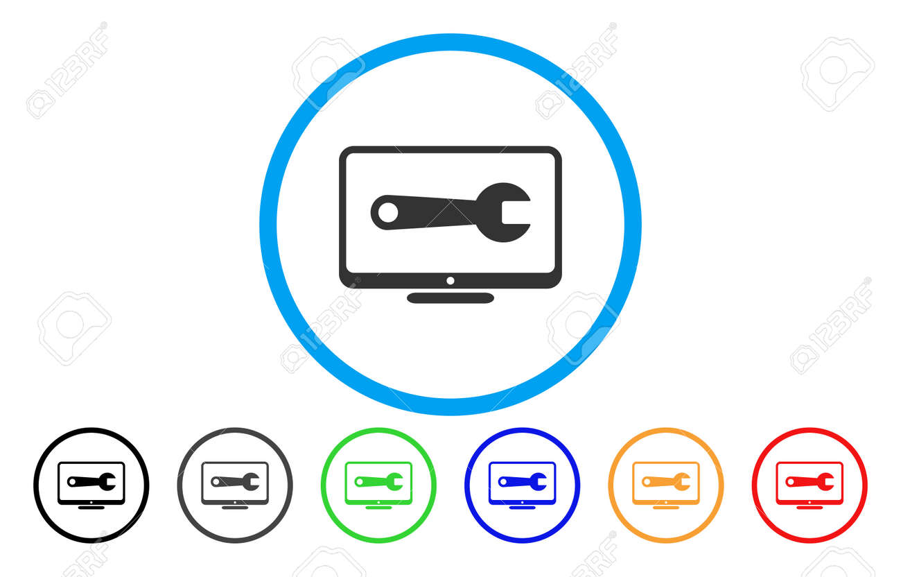 Desktop Configuration Wrench vector rounded icon. Image style is a flat gray icon symbol inside