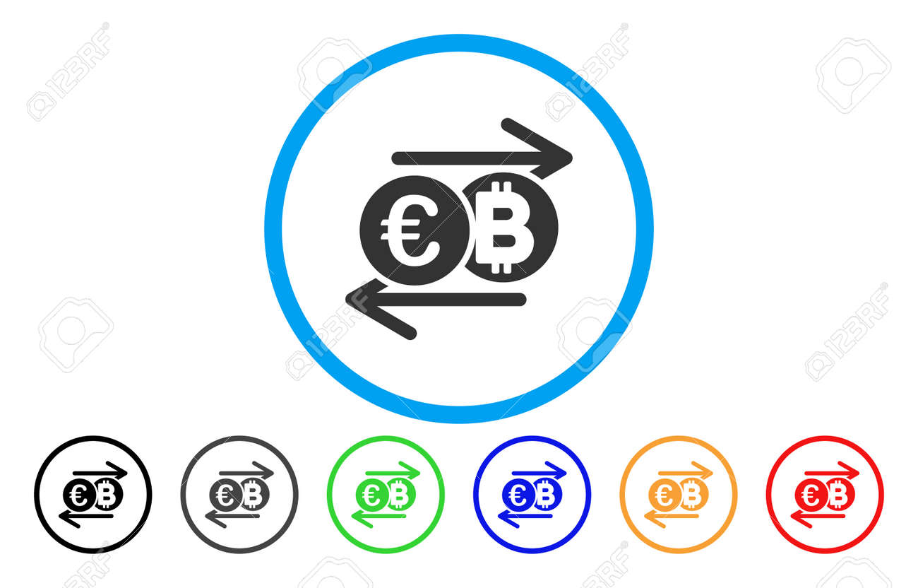 유로 Bitcoin 둥근 아이콘을 변경합니다. 벡터 일러스트 레이 션 스타일은 회색 평면 아이코 닉 유로 Bitcoin 변경 기호 원  안에입니다. 추가 색상 변형은 검정, 회색, 녹색, 파란색, 빨간색, 주황색입니다. 로열티 무료 사진,