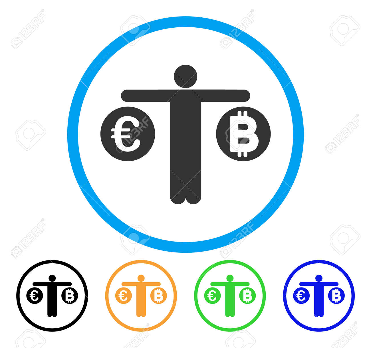 사람 비교 Bitcoin And Euro 아이콘. 벡터 일러스트 레이 션 스타일은 플랫 아이코 닉 사람이 검은 색, 회색, 녹색, 파란색,  빨간색으로 밝은 파란색 원 안에 비트 코인과 유로 회색 둥근 기호를 비교합니다.