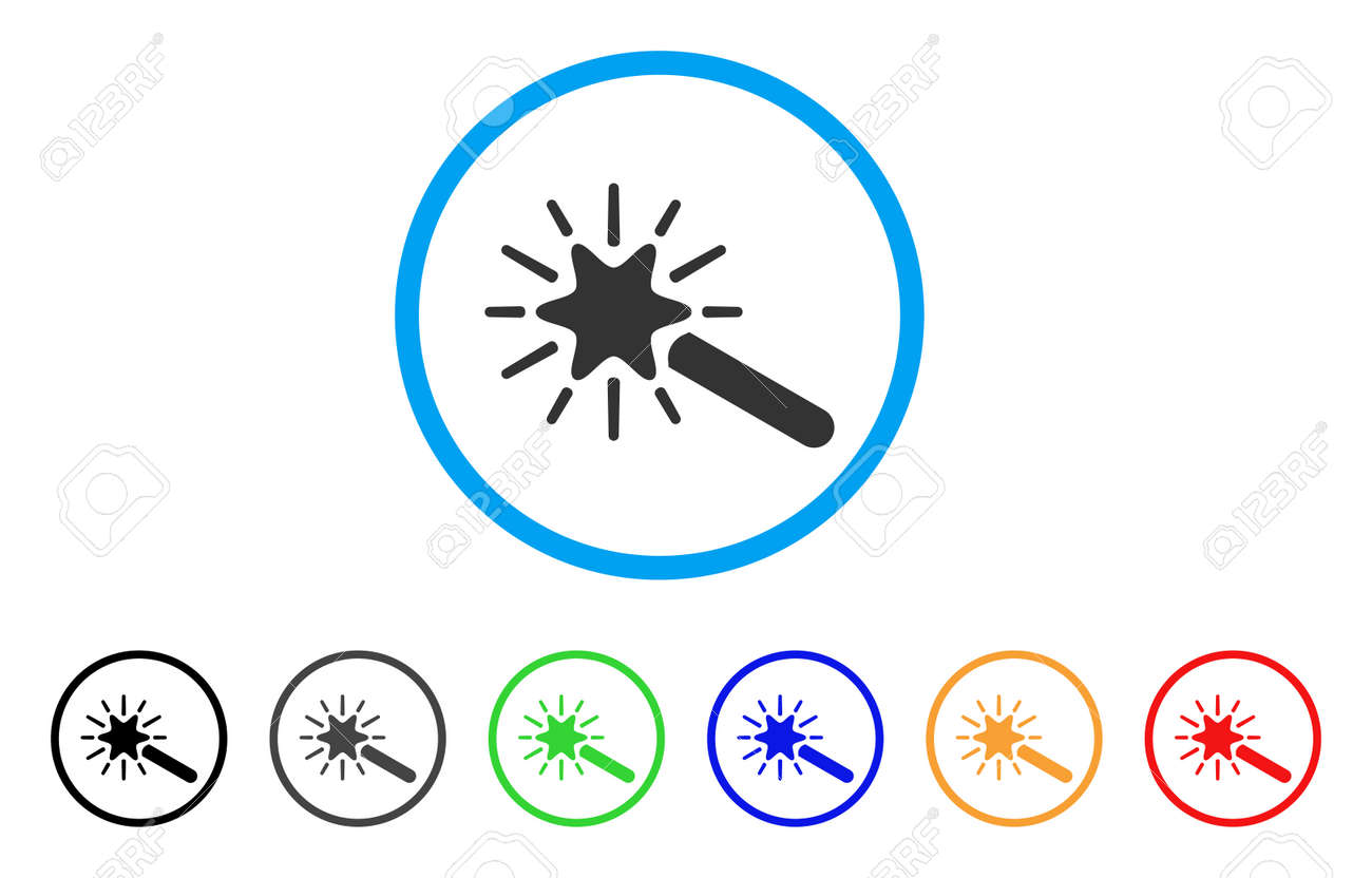 완드 매직 도구 둥근 아이콘. 스타일은 검은 색, 회색, 녹색, 파란색, 빨간색, 주황색 버전이있는 밝은 파란색 원 안의 평면 지팡이  마술 도구 회색 기호입니다. 웹 및 소프트웨어 인터페이스 용으로 설계된 벡터. 로열티