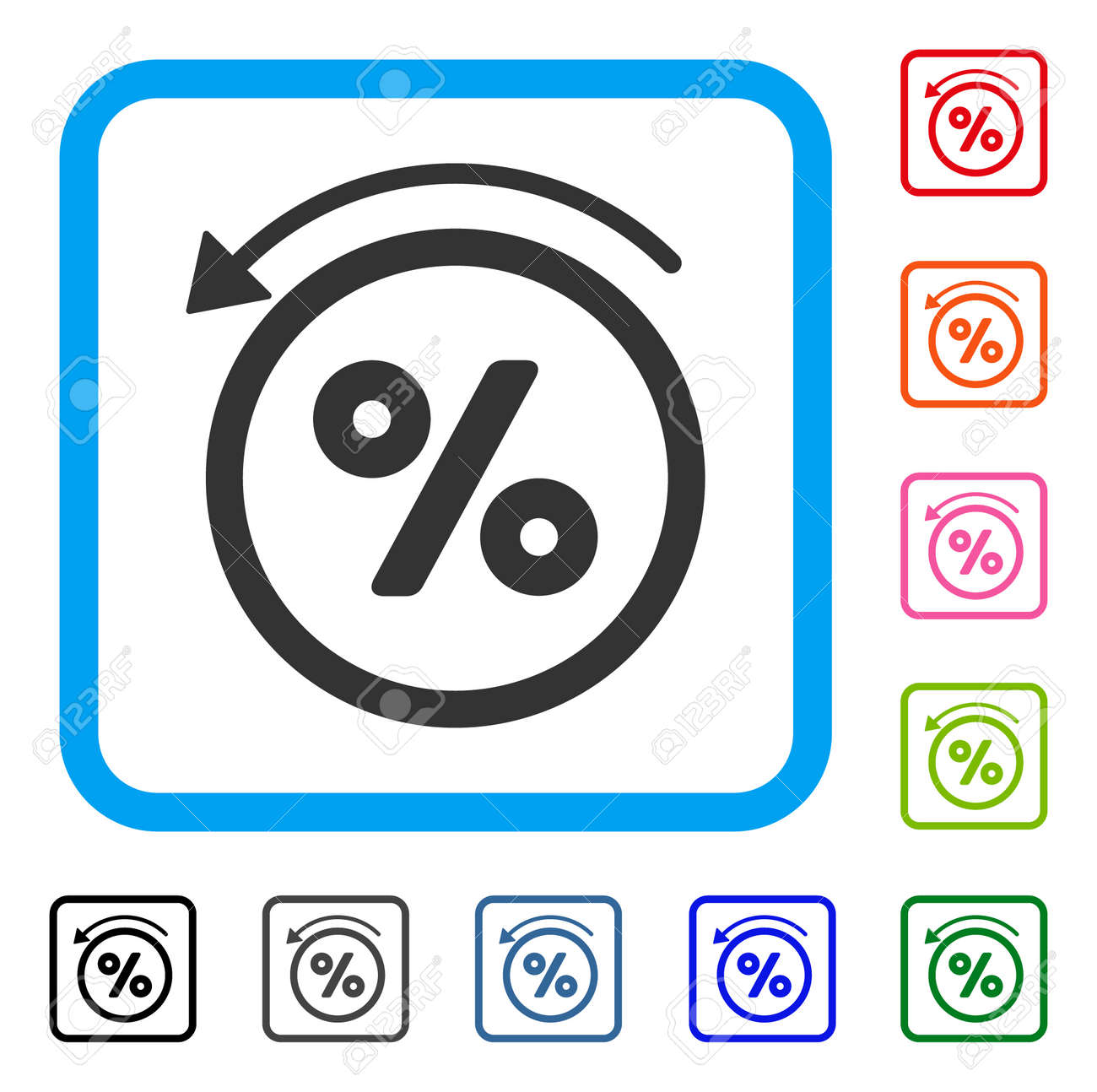 Rebate Percent icon. Flat gray iconic symbol inside a light blue rounded squared frame.
