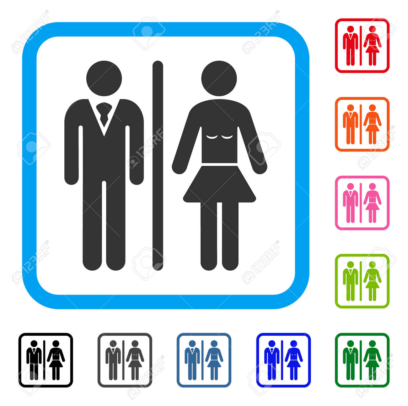 トイレ人アイコン 水色の丸みを帯びた長方形のフレーム内のフラット グレーのアイコン シンボル 黒 グレー 緑 青 赤 オレンジ色のトイレのベクトル Web およびアプリの Ui 用に設計されています のイラスト素材 ベクタ Image