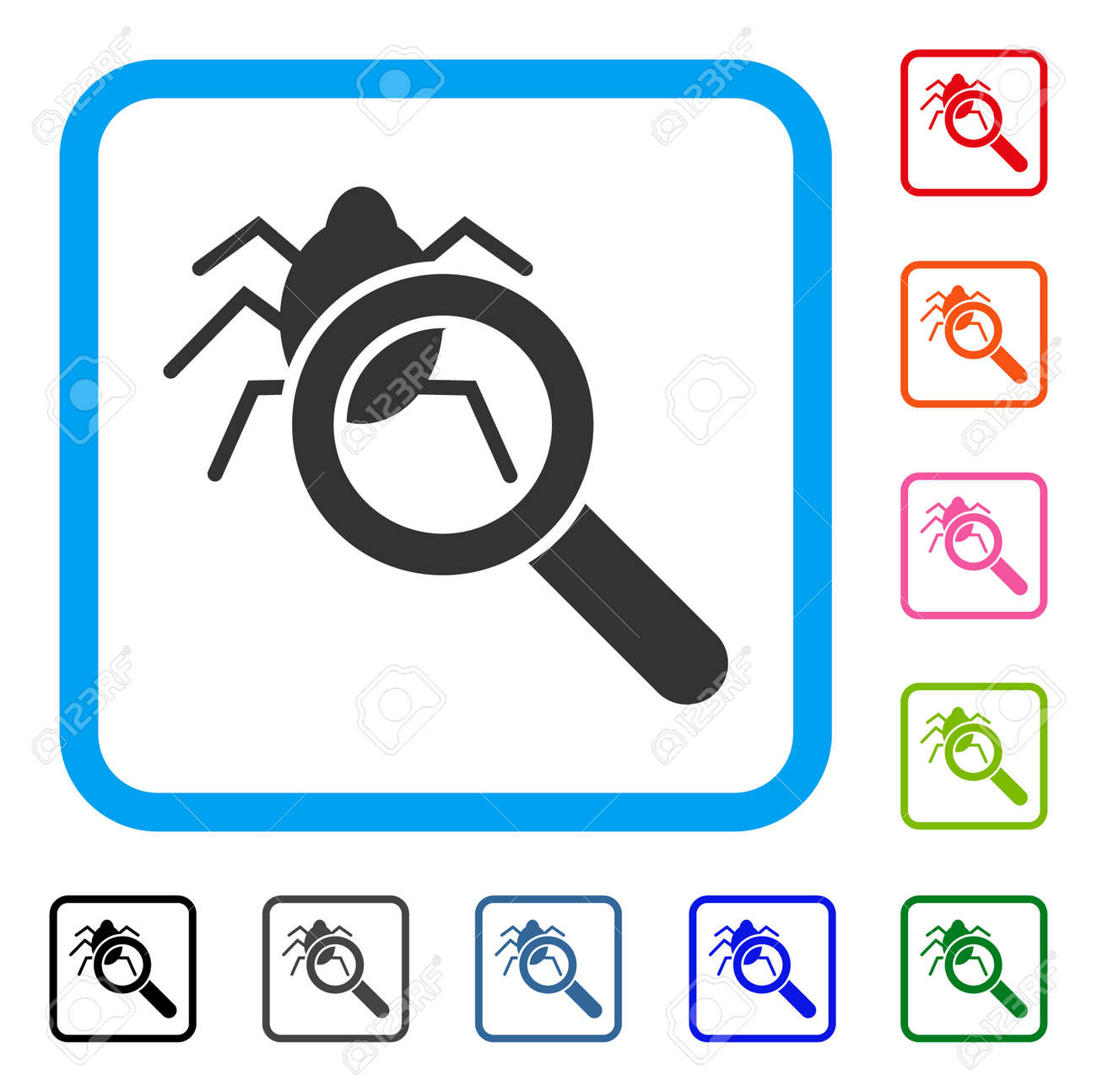 디버거 탐색기 아이콘. 밝은 파란색 둥근 된 프레임에 플랫 회색 픽토그램 기호. 디버거 탐색기 벡터의 검정색, 회색, 녹색, 파란색,  빨간색, 주황색 색상 변형. 웹 및 앱 인터페이스 용으로 설계되었습니다. 로열티 무료 사진,