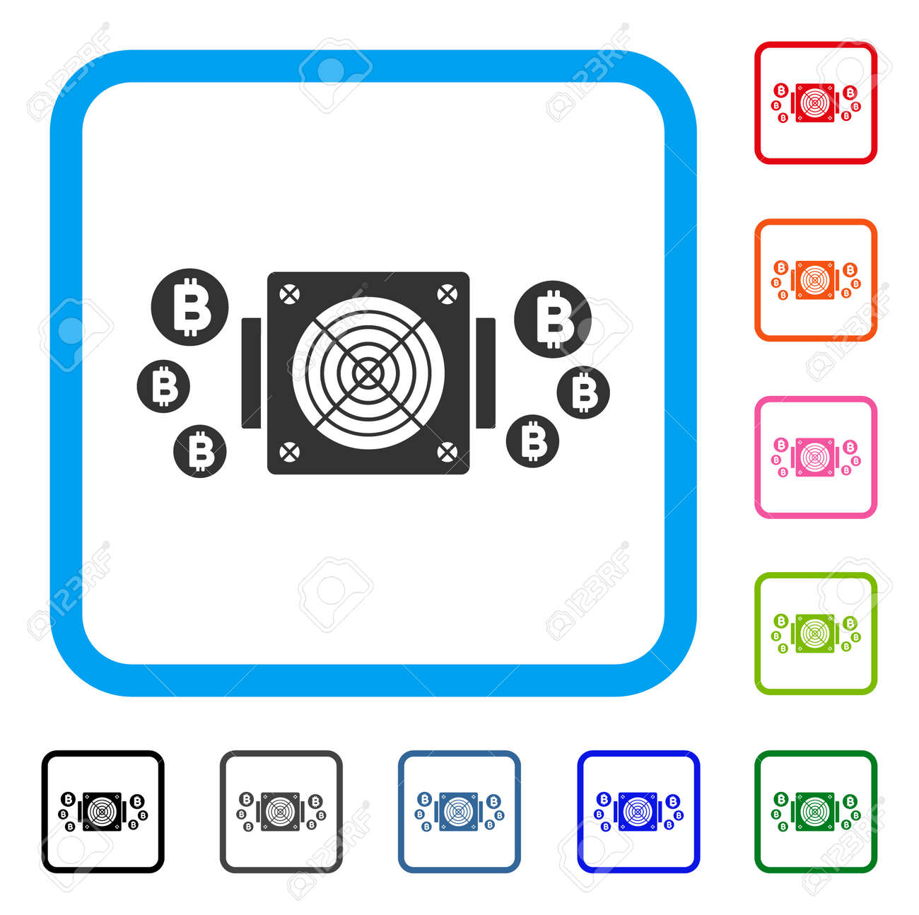 Bitcoin 마이닝 Asic 장치 아이콘. 파란색 둥근 된 사각형 안에 플랫 회색 아이코 닉 기호. Bitcoin Mining Asic  Device 벡터의 검정, 회색, 녹색, 파란색, 빨간색, 주황색 색상 변형. 로열티 무료 사진, 그림,