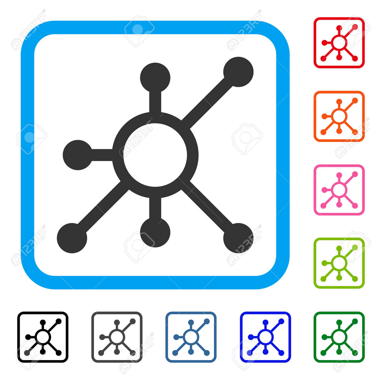 ネットワーク ノード アイコン。青い丸みを帯びた正方形の内側に平らな灰色のピクトグラム記号。ネットワーク ノード  ベクトルの黒、グレー、緑、青、赤、オレンジ色のバリエーション。Web およびアプリのユーザー インターフェイス用に設計されています。のイラスト素材  ...