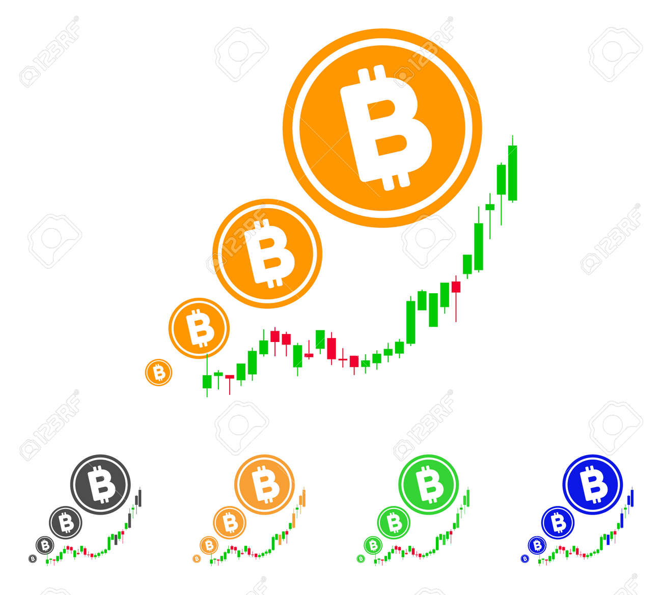ビットコインインフレチャートアイコン。ベクトルイラストスタイルは、グレー、グリーン、ブルー、イエローのカラーバージョンを持つフラットアイコニックな ビットコインインフレチャートシンボルです。のイラスト素材・ベクター Image 92309932