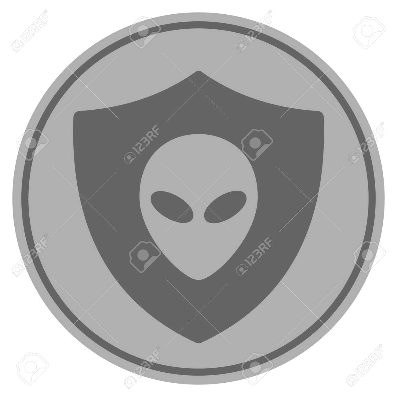 エイリアン保護銀貨アイコン。ベクトルスタイルはシルバーグレーのフラットコインシンボルです。のイラスト素材・ベクター Image 92467378