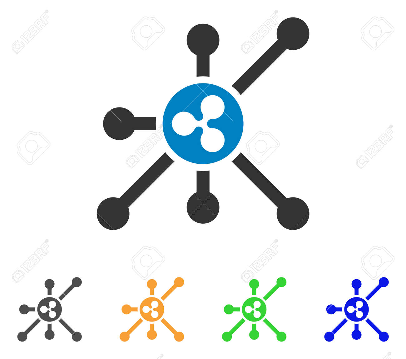리플 노드 아이콘. 벡터 일러스트 레이 션 스타일 회색, 노란색, 녹색, 파랑 색 버전 플랫 아이언 리플 노드 기호입니다. 웹 및  소프트웨어 인터페이스 용으로 설계되었습니다. 로열티 무료 사진, 그림, 이미지 그리고 스톡포토그래피.