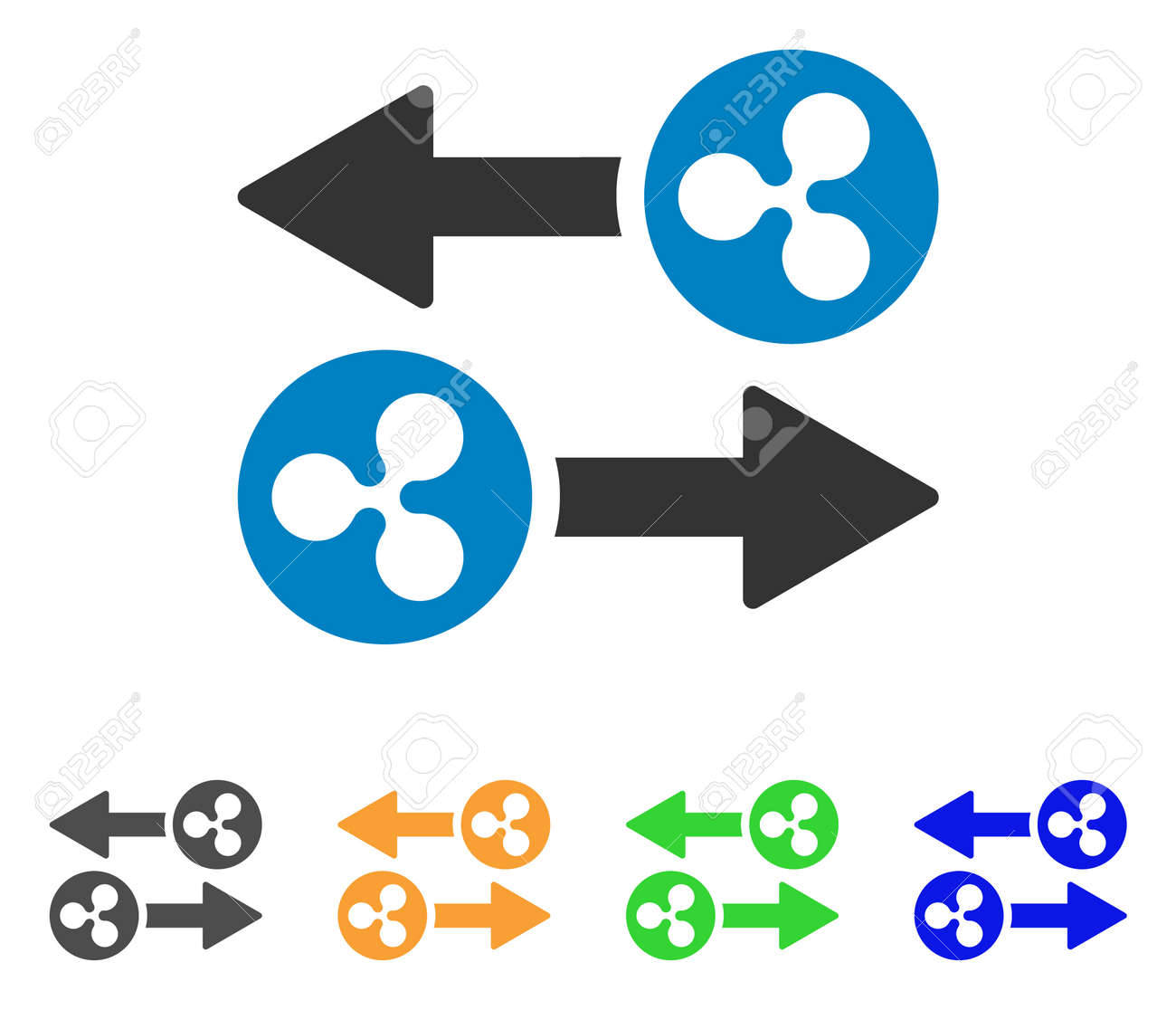 리플 트랜잭션 화살표 아이콘. 벡터 일러스트 레이 션 스타일 회색, 노란색, 녹색, 파랑 색 버전 플랫 아이딜 리플 거래 화살표  기호입니다. 웹 및 소프트웨어 인터페이스 용으로 설계되었습니다. 로열티 무료 사진, 그림, 이미지