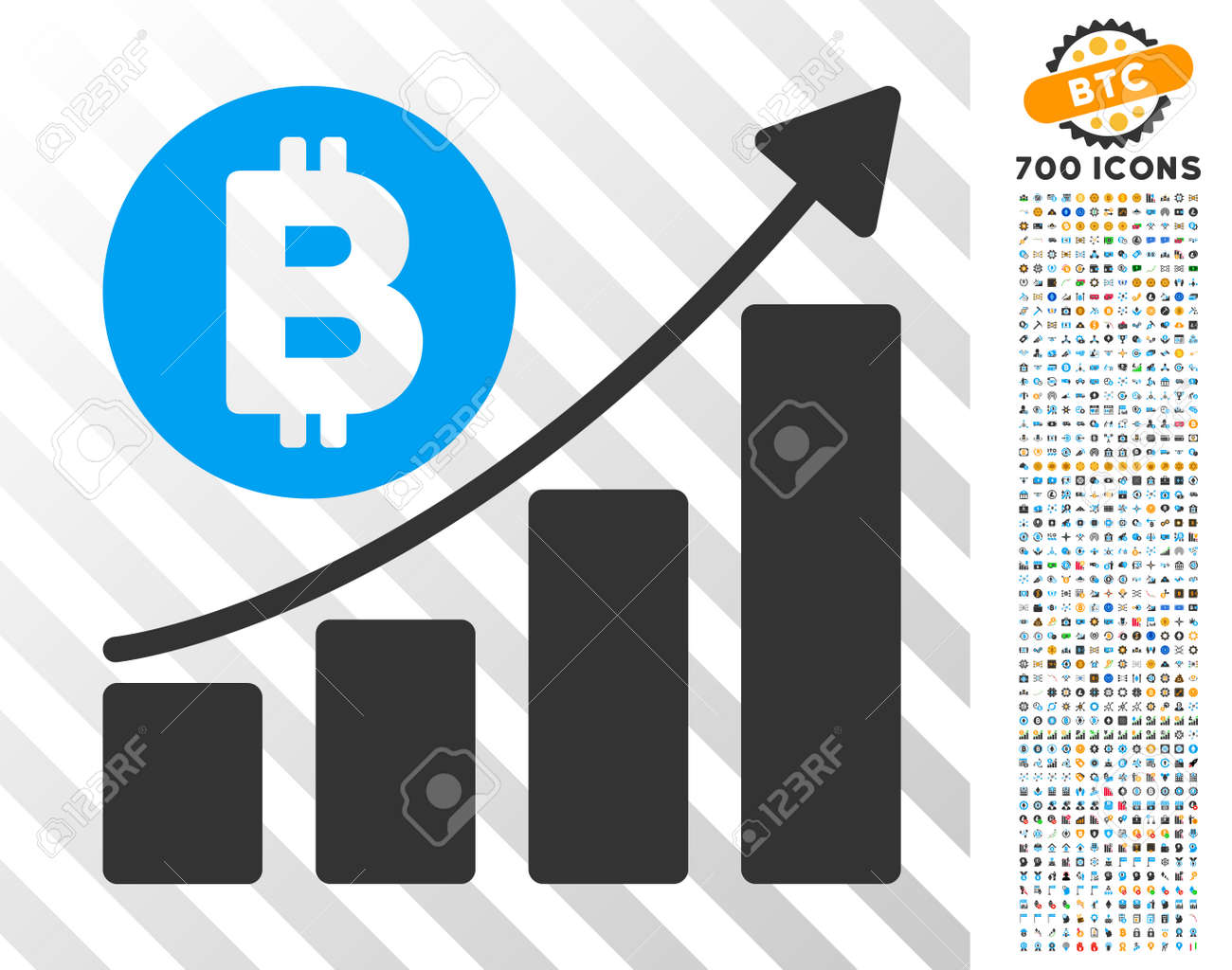 Bitcoin Bar Chart 700 추세 비트 코인 마이닝 및 블록 체인 상형 문자를 이용한 그래프 그래프. 벡터 일러스트 레이 션  스타일 Cryptocurrency 웹 사이트에 대 한 플랫 아이코 닉 기호 디자인입니다. 로열티