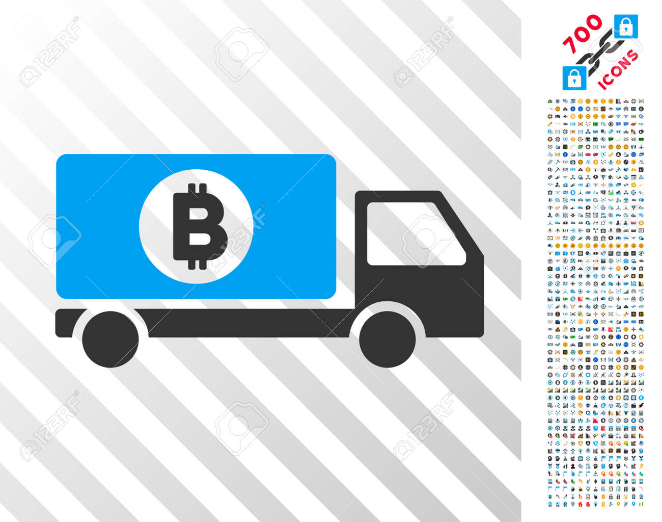 7 백 개의 보너스 비트 코인 채굴 및 블록 체인 상형이있는 비트 코인 배달 트럭 상형 문자. 벡터 일러스트 레이 션 스타일은 블록  체인 웹 사이트를위한 평면 상징적 인 기호 디자인입니다. 로열티