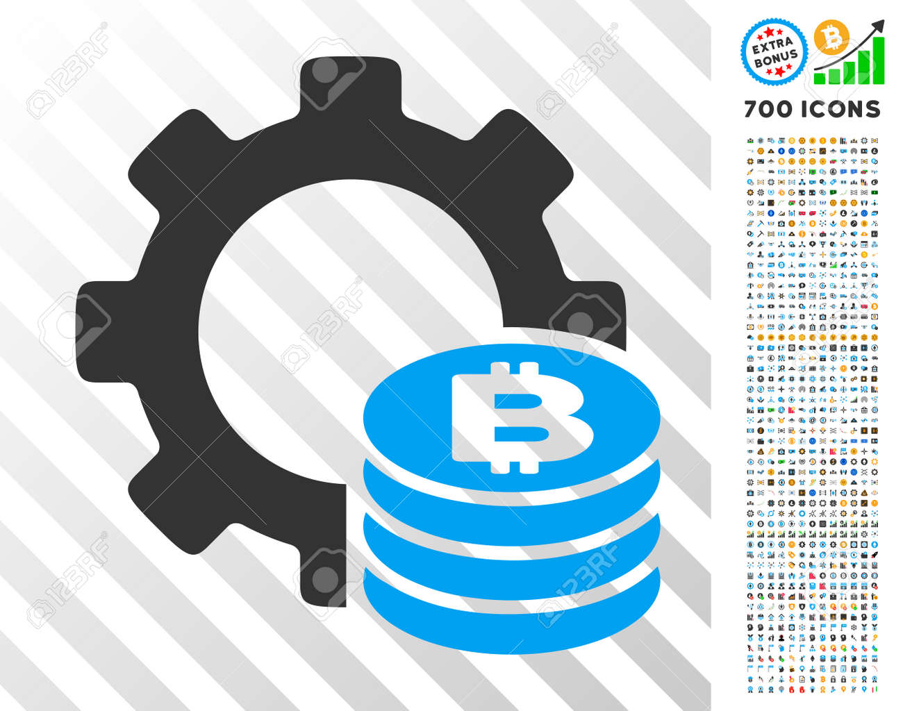 700 보너스 비트 코인 채굴 및 블록 체인 클립 아트가있는 비트 코인 산업 기어 그림 문자. 벡터 일러스트 레이 션 스타일은  Bitcoin 웹 사이트를위한 평면 상징적 인 기호 디자인입니다. 로열티 무료 사진,
