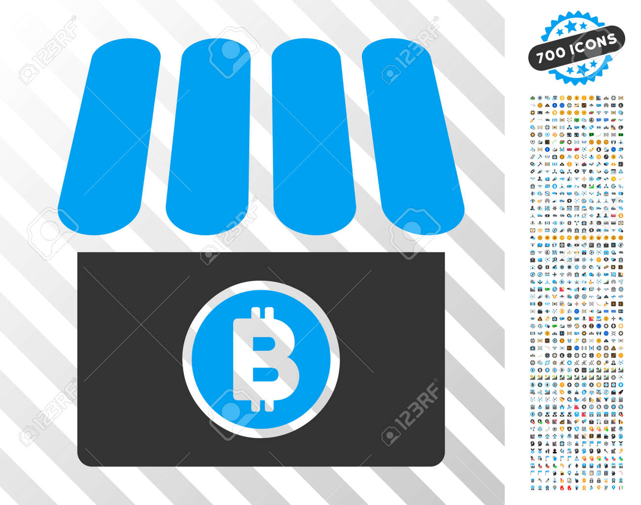 7 백 개의 보너스 비트 코인 채굴 및 블록 체인 사진이있는 비트 코인 스토어 아이콘. 벡터 일러스트 레이 션 스타일은 암호화 통화 앱  플랫 아이코닉 기호 디자인입니다. 로열티 무료 사진, 그림, 이미지