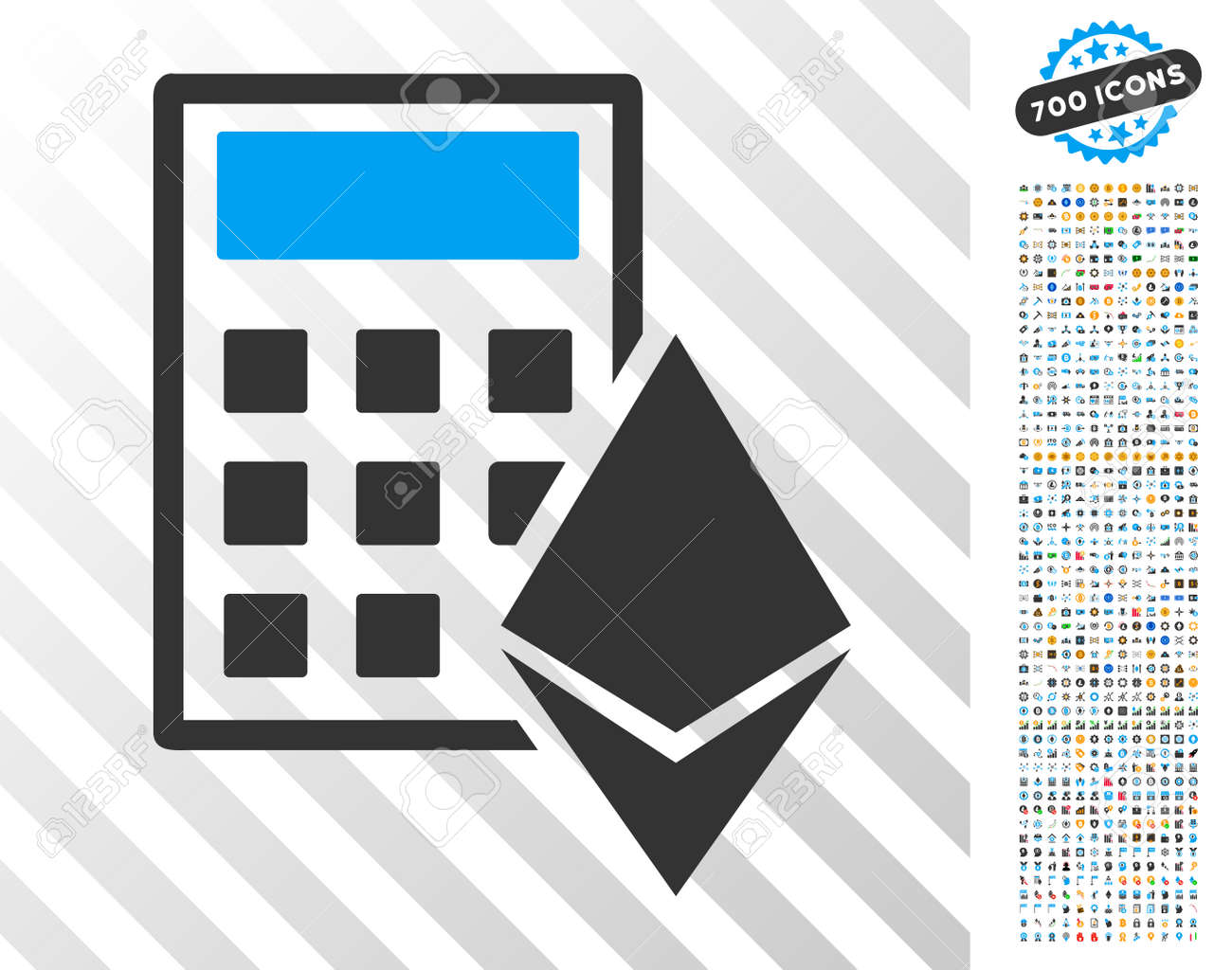 700 보너스 비트 코인 채굴 및 블록 체인 아이콘이있는 이더 리움 계산기 아이콘. 벡터 일러스트 레이 션 스타일은 Bitcoin 웹  사이트를위한 평면 상징적 인 기호 디자인입니다. 로열티 무료 사진, 그림, 이미지 그리고