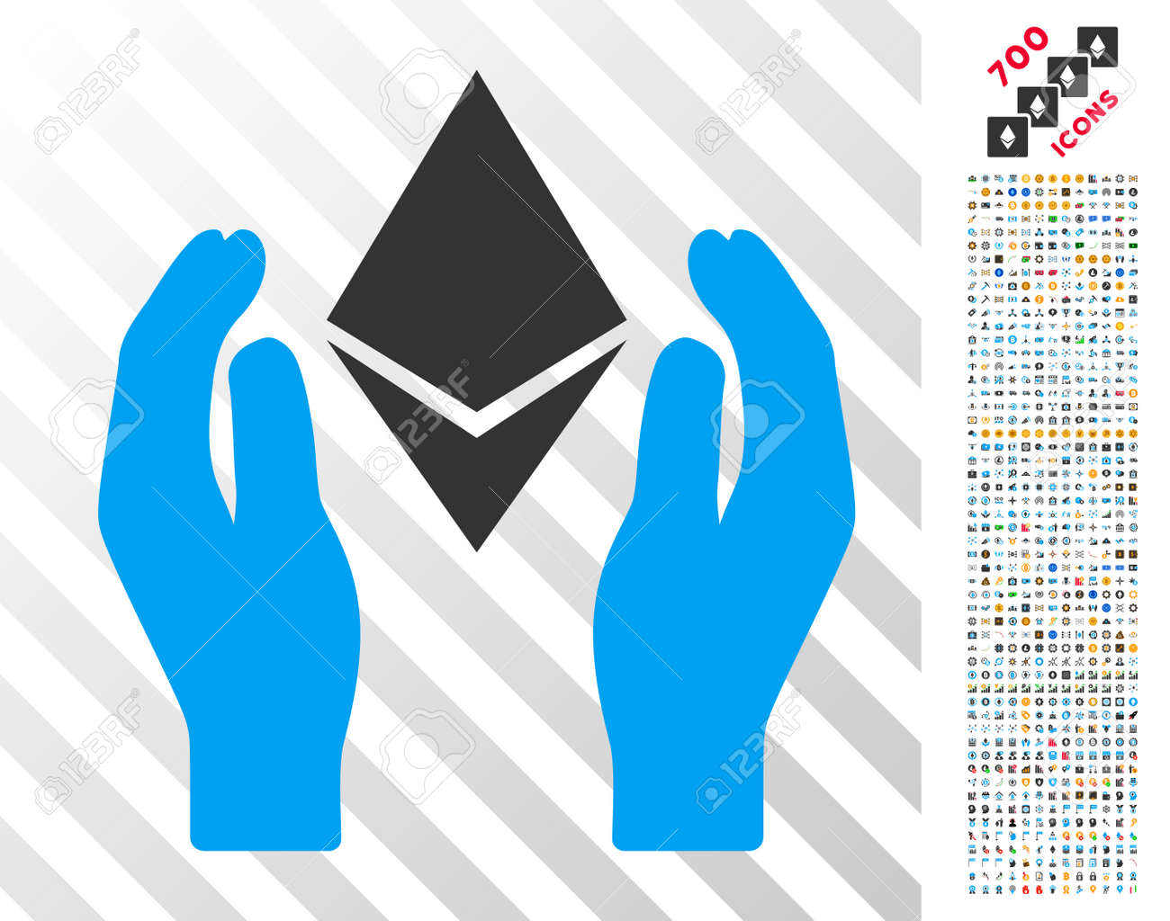 700 개의 보너스 비트 코인 채굴 및 블록 체인 픽토그램이있는 이더 리움 케어 핸즈 상형 문자. 벡터 일러스트 레이 션 스타일은 비트  코인 앱 플랫 아이코닉 심볼 디자인입니다. 로열티 무료 사진, 그림,