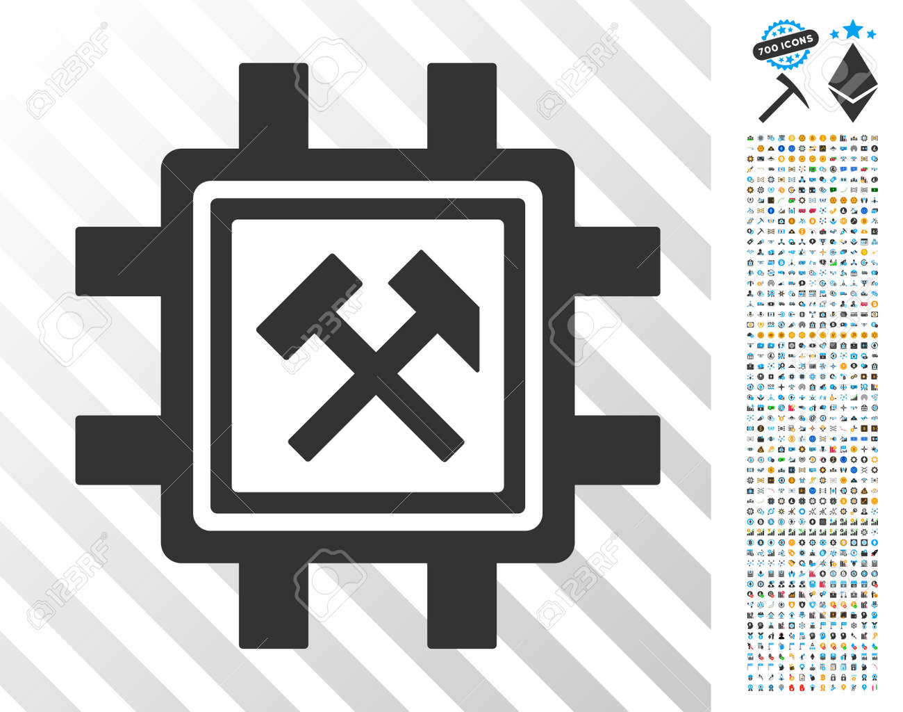 70 개의 보너스 비트 코인 채굴 및 블록 체인 사진이있는 망치 채굴 풀 그림 문자. 벡터 일러스트 레이 션 스타일은 블록 체인 웹  사이트를위한 평면 상징적 인 기호 디자인입니다. 로열티 무료 사진,
