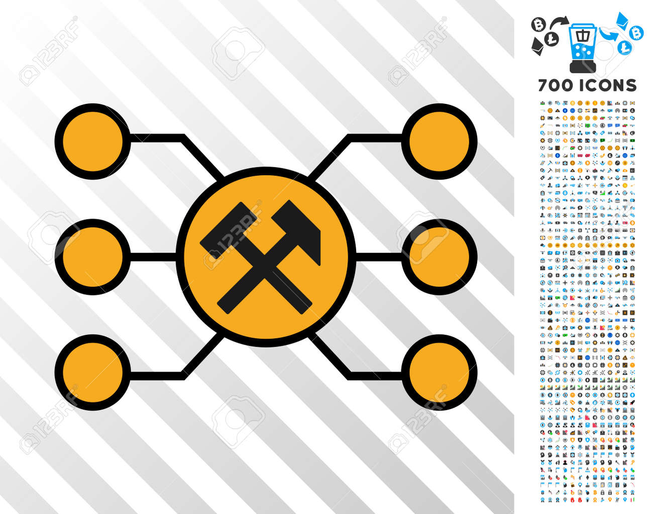700 개의 보너스 비트 코인 채굴 및 블록 체인 디자인 요소가있는 망치 풀 링크 그림 문자. 벡터 일러스트 레이 션 스타일은  Bitcoin 웹 사이트를위한 평면 상징적 인 기호 디자인입니다. 로열티 무료 사진,
