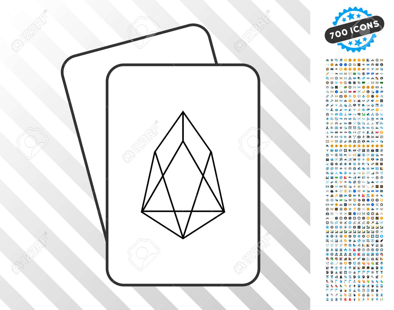 Eos 통화 700 개의 보너스 비트 코 마이닝 및 블록 체인 픽토그램이있는 카드 놀이 그림. 도박 및 암호 통화 소프트웨어에 대 한  플랫 벡터 클립 아트. 로열티 무료 사진, 그림, 이미지 그리고