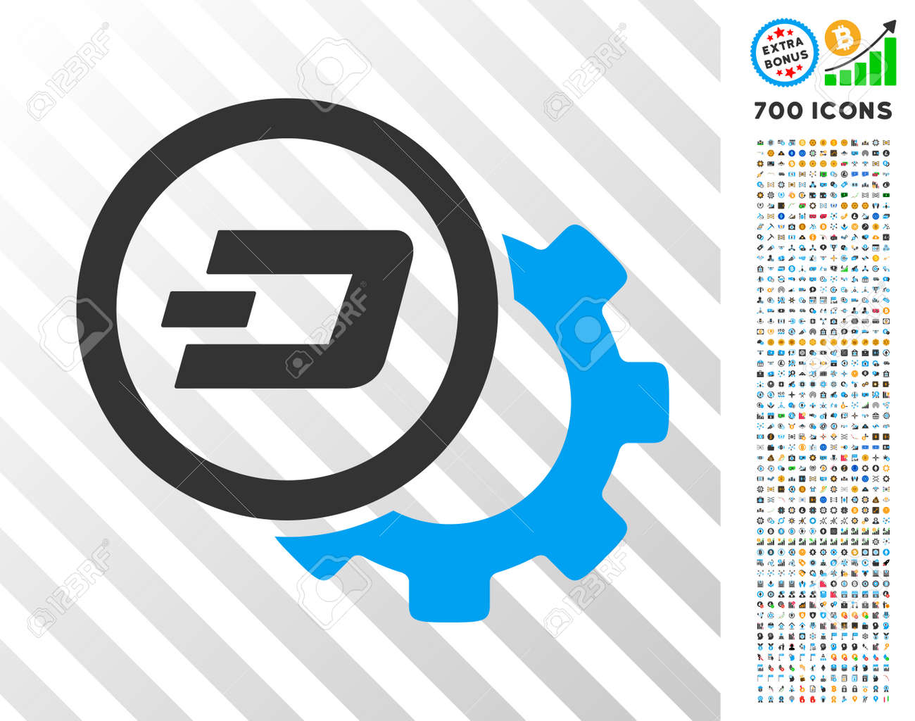 Dash Configuration 기어 보너스 비트 코인 (bitcoin) 마이닝 및 블록 체인 (blockchain) 그림이있는 그림  문자. 벡터 일러스트 레이 션 스타일 플랫 아이코 닉 기호 Blockchain 웹 사이트를 위해 설계되었습니다. 로열티 무료 사진,