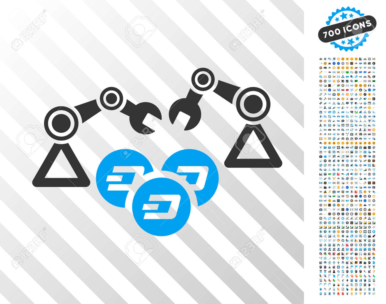 700 개의 보너스 비트 코인 채굴 및 블록 체인 픽토그램이있는 대시 채굴 로봇 공학 그림 문자. 벡터 일러스트 레이 션 스타일은  Bitcoin 소프트웨어를 위해 설계된 평면 상징적 인 기호입니다. 로열티 무료 사진,
