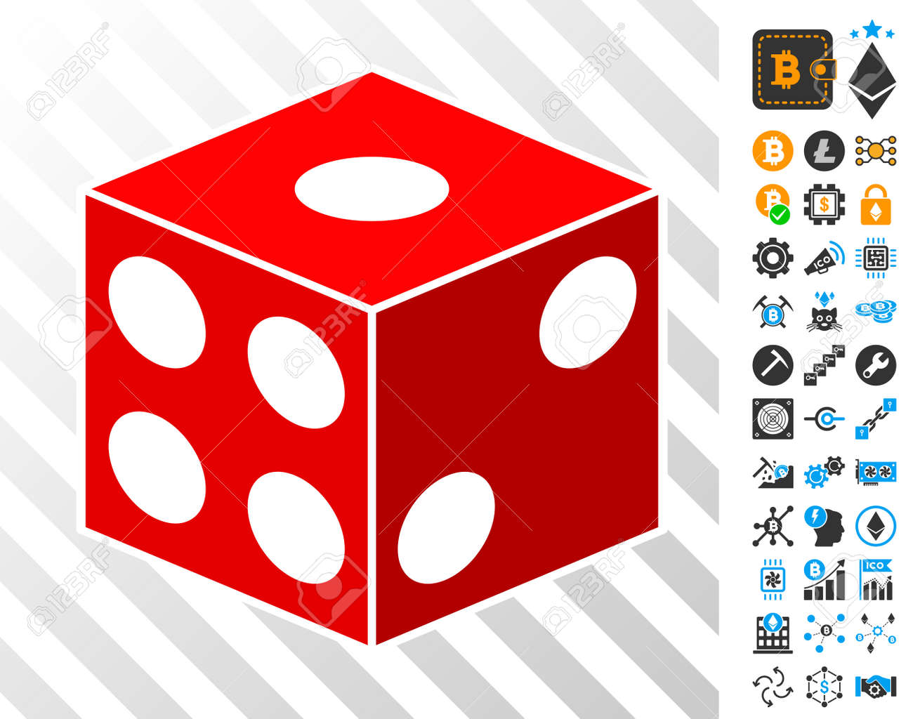 주사위 큐브 카드 놀이 추가 Bitcoin 마이닝 및 Blockchain 픽토그램으로 그림. 암호화 통화 앱의 플랫 벡터 스타일.  로열티 무료 사진, 그림, 이미지 그리고 스톡포토그래피. Image 93531090