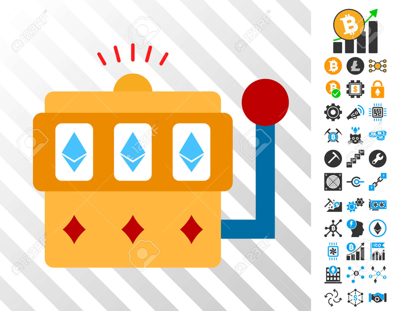 イーテリアムワンアームバンディットは、追加のビットコインマイニングとブロックチェーン画像とトランプピクトグラムを再生します。暗号通貨アプリのフラットベクトルUI要素。のイラスト素材・ベクター  Image 93531101