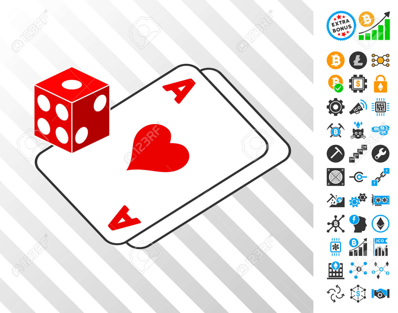 갬블 주사위 및 카드 추가 Bitcoin 마이닝 및 블록 체인 아이콘 카드 놀이 아이콘. 비트 코인 앱을위한 플랫 벡터 기호. 로열티  무료 사진, 그림, 이미지 그리고 스톡포토그래피. Image 93531109