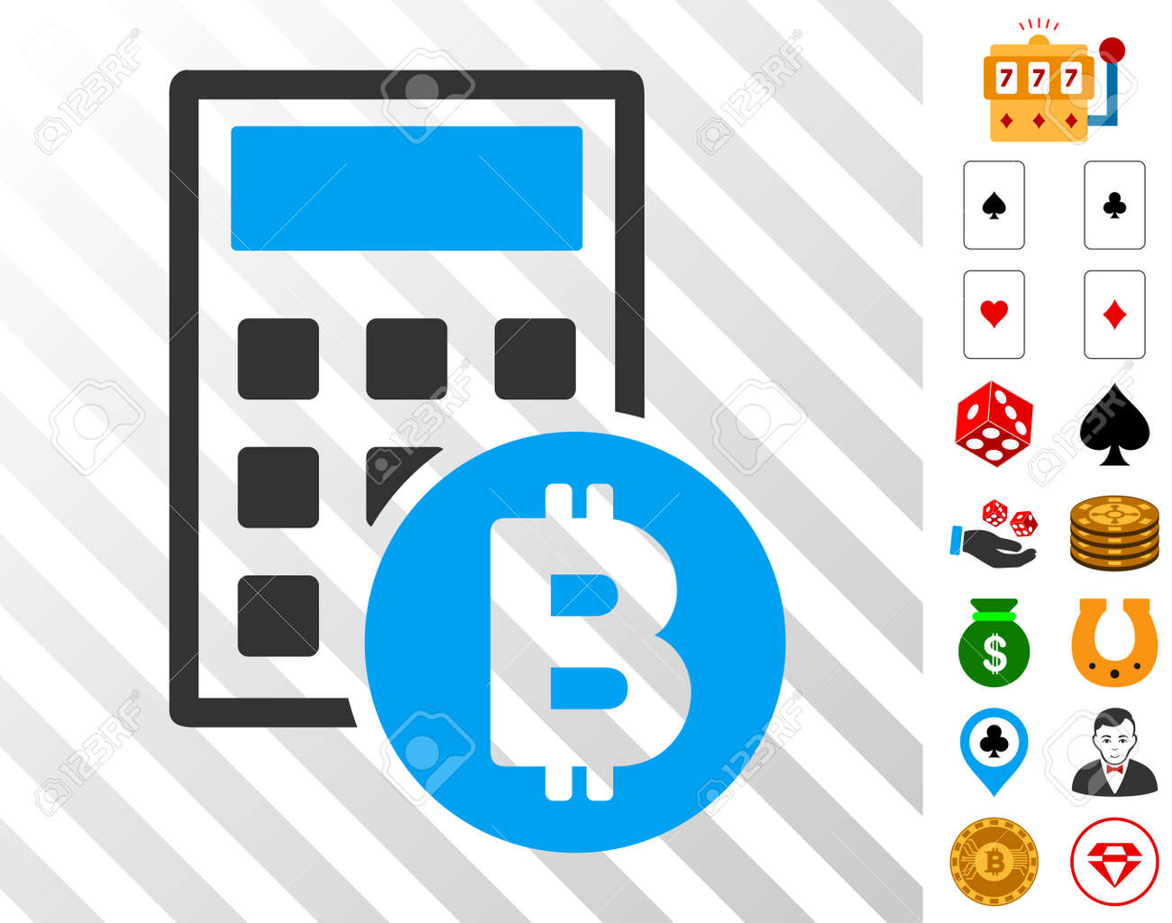 보너스 카지노 클립 아트와 Bitcoin 계산기 그림 문자. 벡터 일러스트 레이 션 스타일 플랫 아이코 닉 기호입니다. 도박 앱용으로  설계되었습니다. 로열티 무료 사진, 그림, 이미지 그리고 스톡포토그래피. Image 93722068